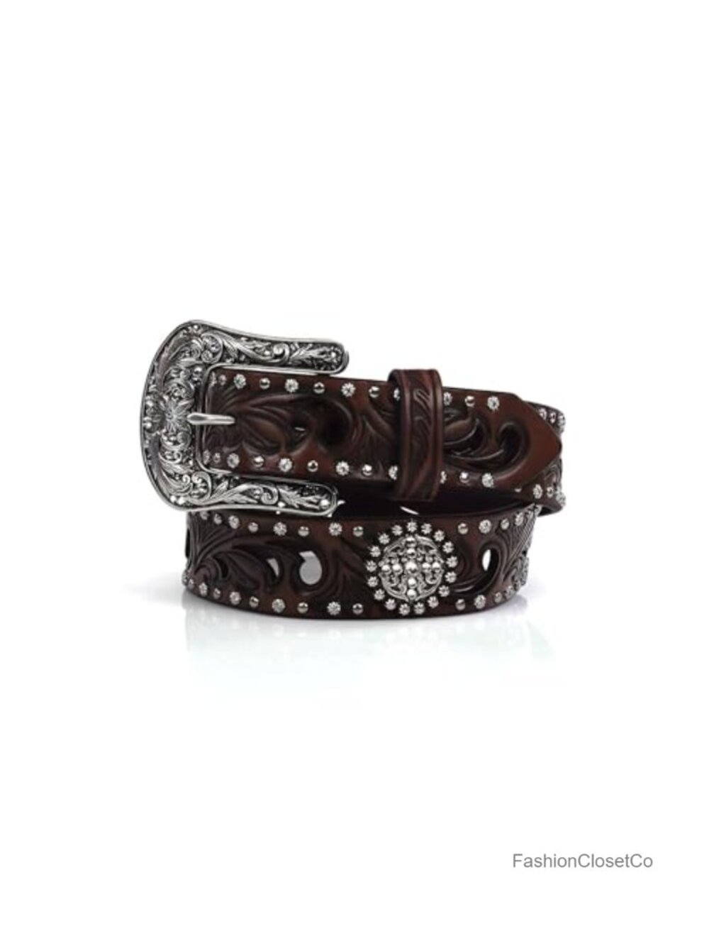Genuine Leather Western Belt Scroll Cutout Concho Nailhead